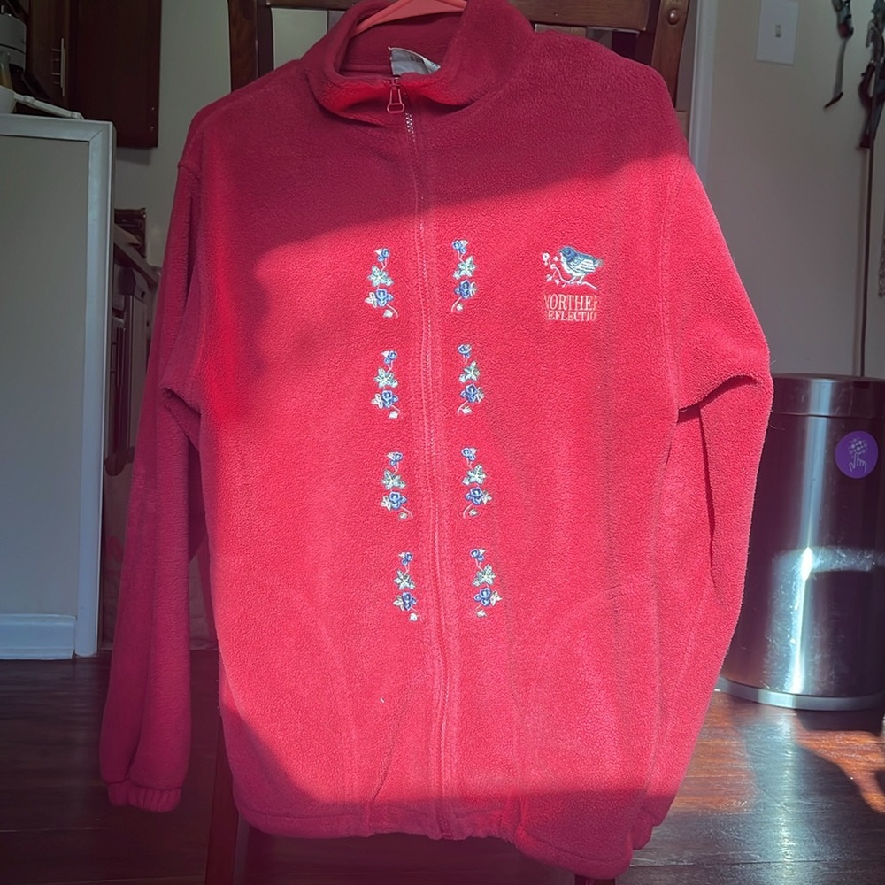 Vintage Northern Reflections Zip Up Embroidered Fleece Red Jacket Bird Flowers